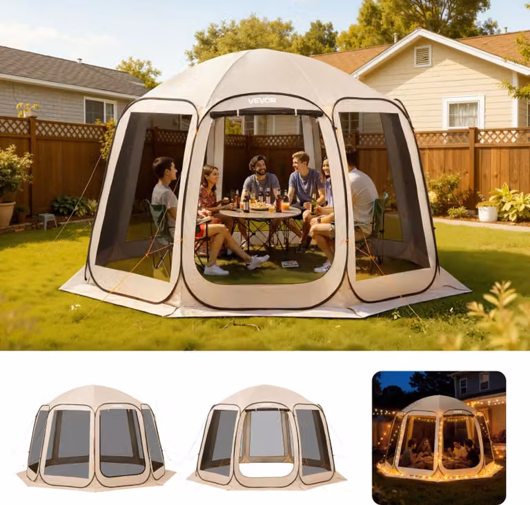 Tenda pop-up VEVOR, 365,76x335,28 cm, tenda da campeggio portatile per 10-12 persone, con rete, borsa da trasporto, pareti laterali e picchetti, per giardino, patio e attività all'aperto, Beige
