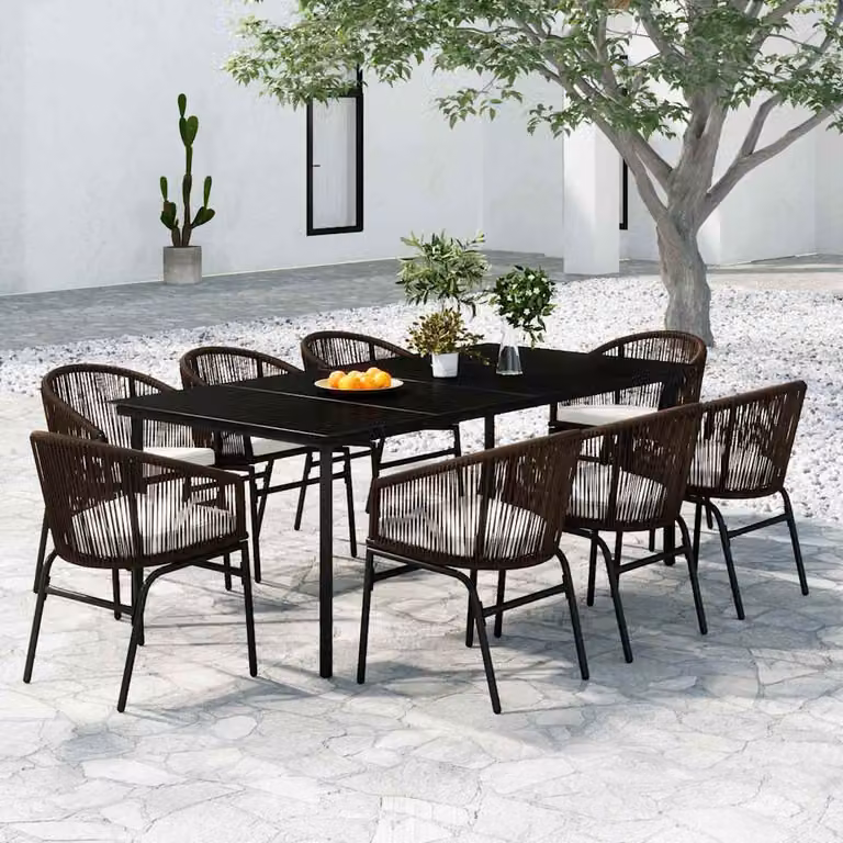 Set da pranzo da giardino vidaXL in metallo e vetro marrone, 9 pezzi