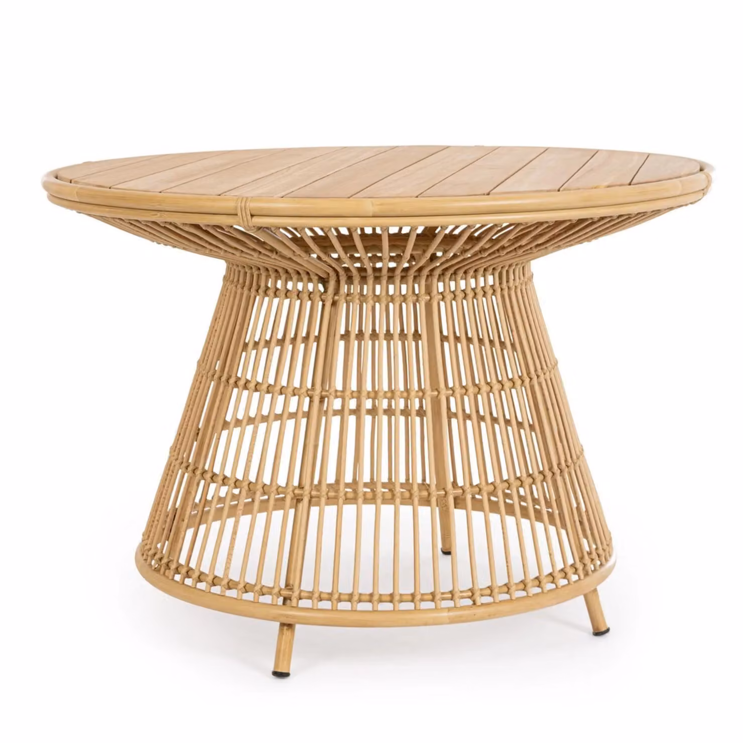 Tavolo da giardino LAMEGO rotondo in teak naturale e fibra effetto rattan, Ø110 cm