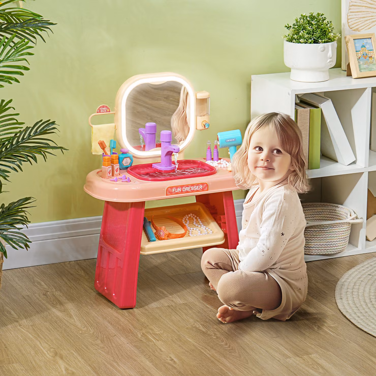 AIYAPLAY Tavolo Toeletta per Bambine con Specchio e Rubinetto, Rosa, L 55 x P 29 x H 71 cm – 2