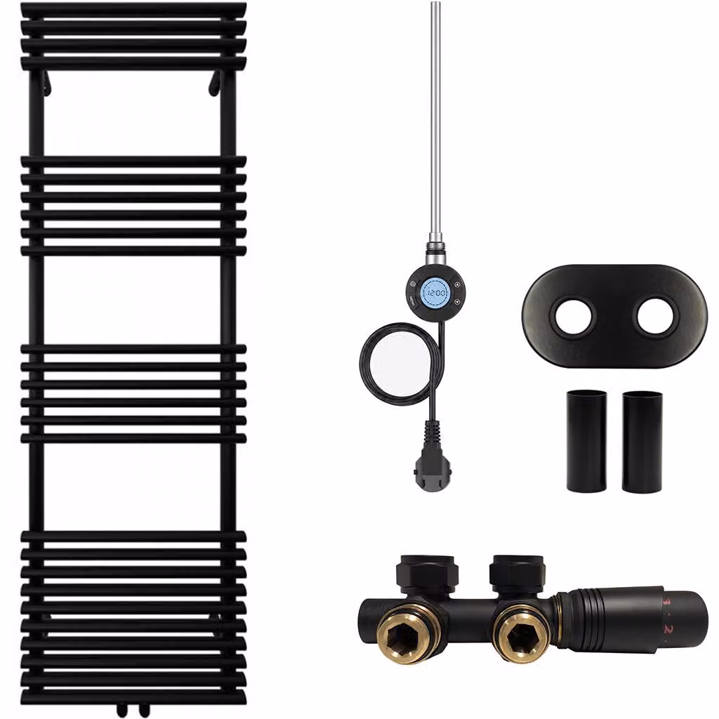 Set radiatore per bagno Luigi - riscaldamento combinato, antenna Wi-Fi - attacco centrale da 50 mm - 600W - nero opaco - 1600x500 mm