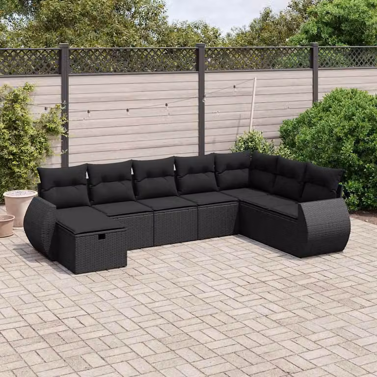 vidaXL Set Divani da Giardino a L con Cuscini 8 pz Nero in Polyrattan e Acciaio