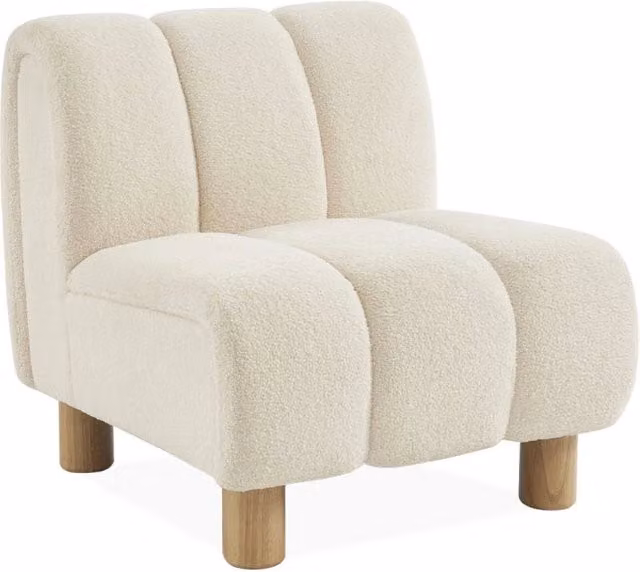 Poltrona relax Sweeek in tessuto bouclé beige con gambe in legno e struttura moderna con braccioli