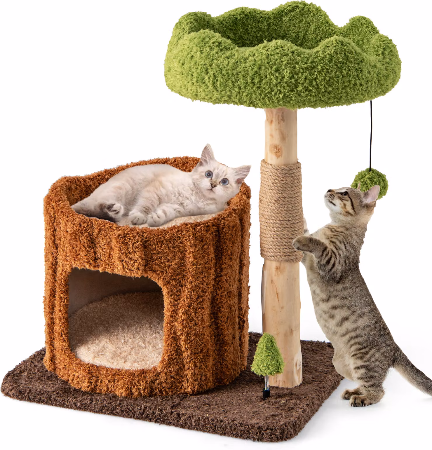 Tiragraffi COSTWAY, albero per gatti con grotta a forma di buco d'albero, colonna di iuta, aree per sdraiarsi e palla, torre per gatti marrone verde 60x46x73cm