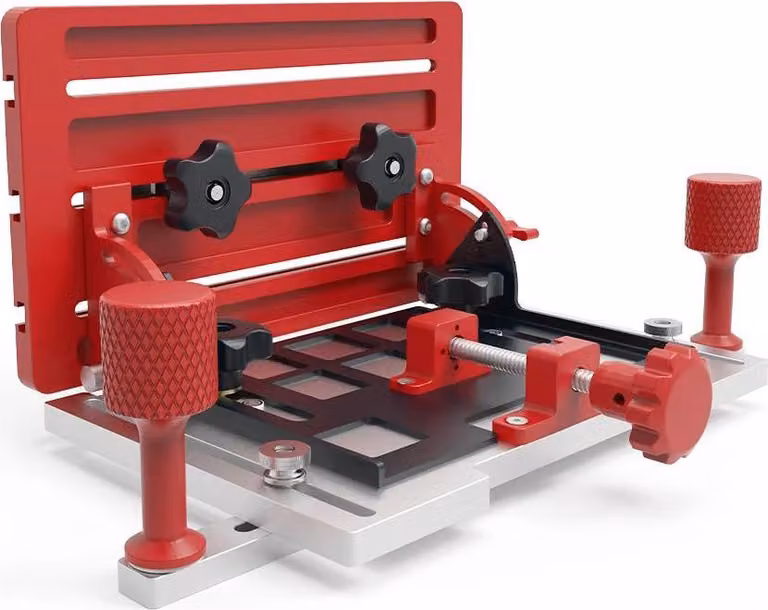 Carrello scorrevole - Carrello per bordi per sega circolare da tavolo e banco fresatrice - Angolo regolabile - Precisione - Lega di alluminio - Per lavori in legno - Rosso