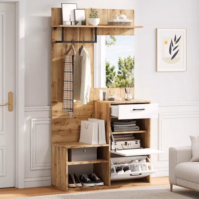Mobile da ingresso OKWISH con specchio, panca e scarpiera con 2 ante a ribalta e 1 cassetto, bianco e naturale, L 100 cm x P 38,5 cm x H 190 cm