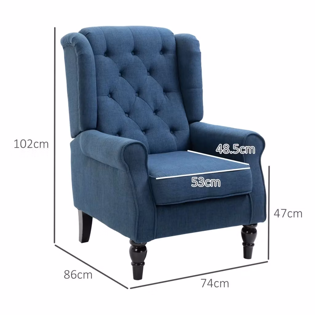 Poltrona ad ali Mivray in tessuto blu con schienale alto, dettagli con bottoni e gambe in legno laccato, L: 102 cm, P: 74 cm, H: 86 cm – 2