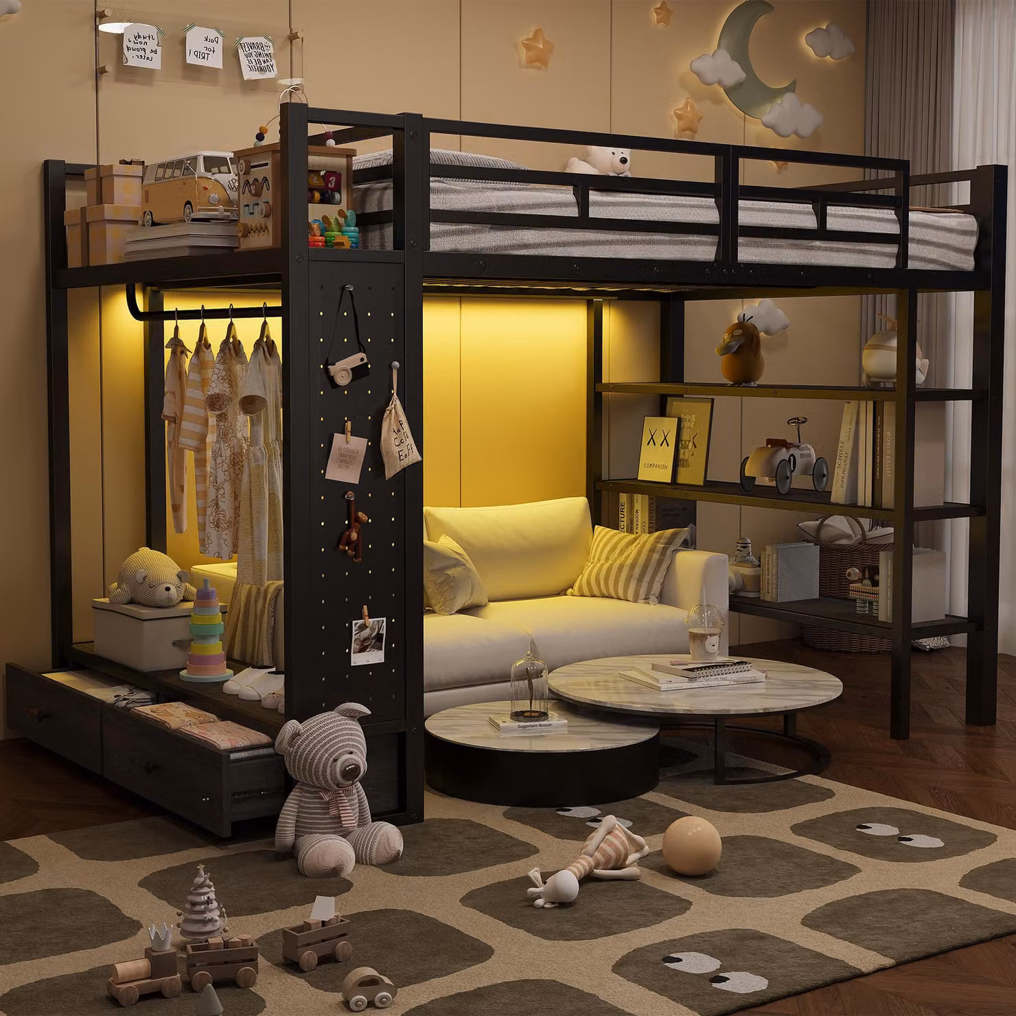 Letto a soppalco 140x200 cm con armadio aperto, 2 cassetti, scaffale, pannello forato e luci LED a 7 colori, ringhiera di sicurezza e scala fissa, in metallo, colore nero