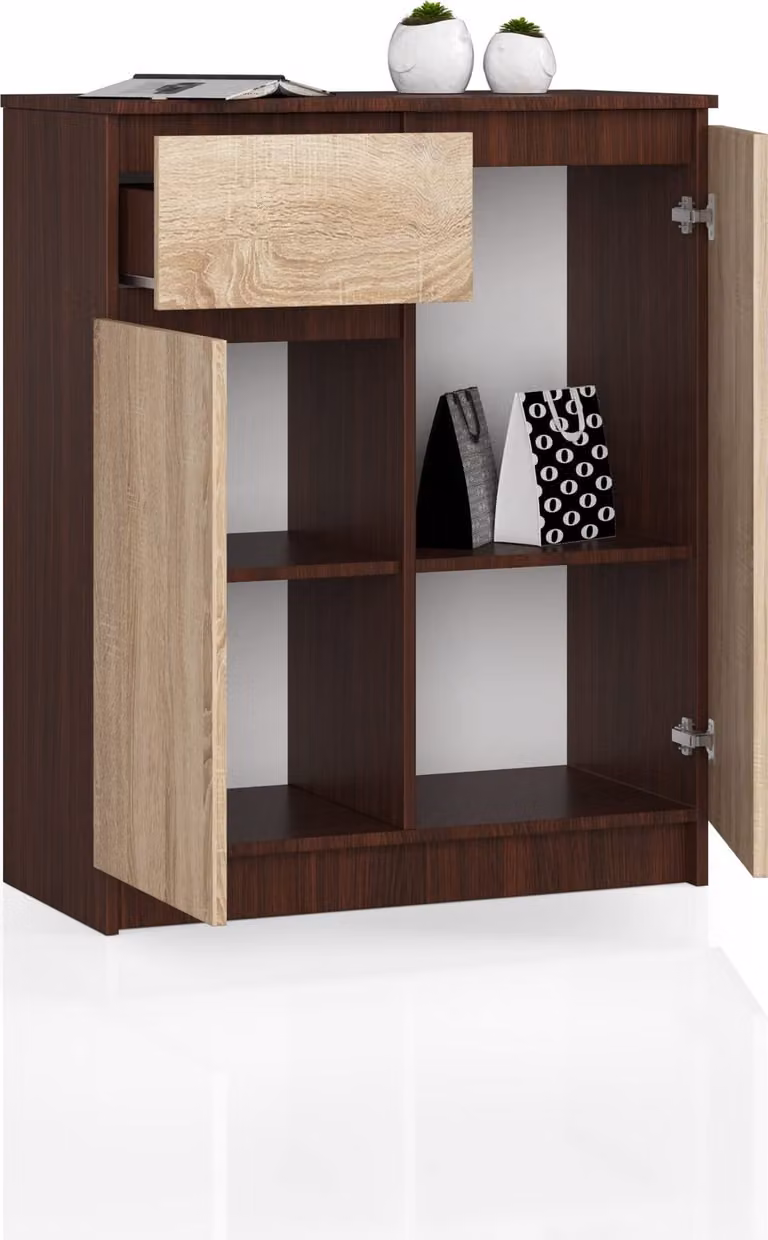 BDW, cassettiera 1 cassetto & 2 ante, 80x99x40 cm, credenza, wengé - rovere Sonoma