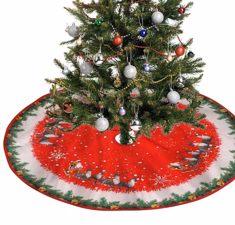 Copri albero di Natale rotondo, diametro 90 cm, colore rosso, con decorazioni a forma di alce e fiocchi di neve, realizzato in tessuto