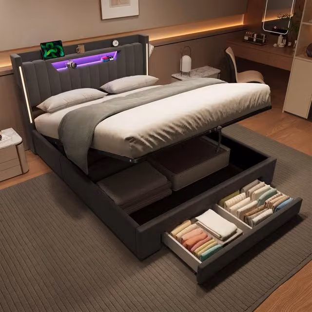 Letto contenitore 140x200 cm con luci LED; testiera con contenitore; ricarica USB e apertura idraulica