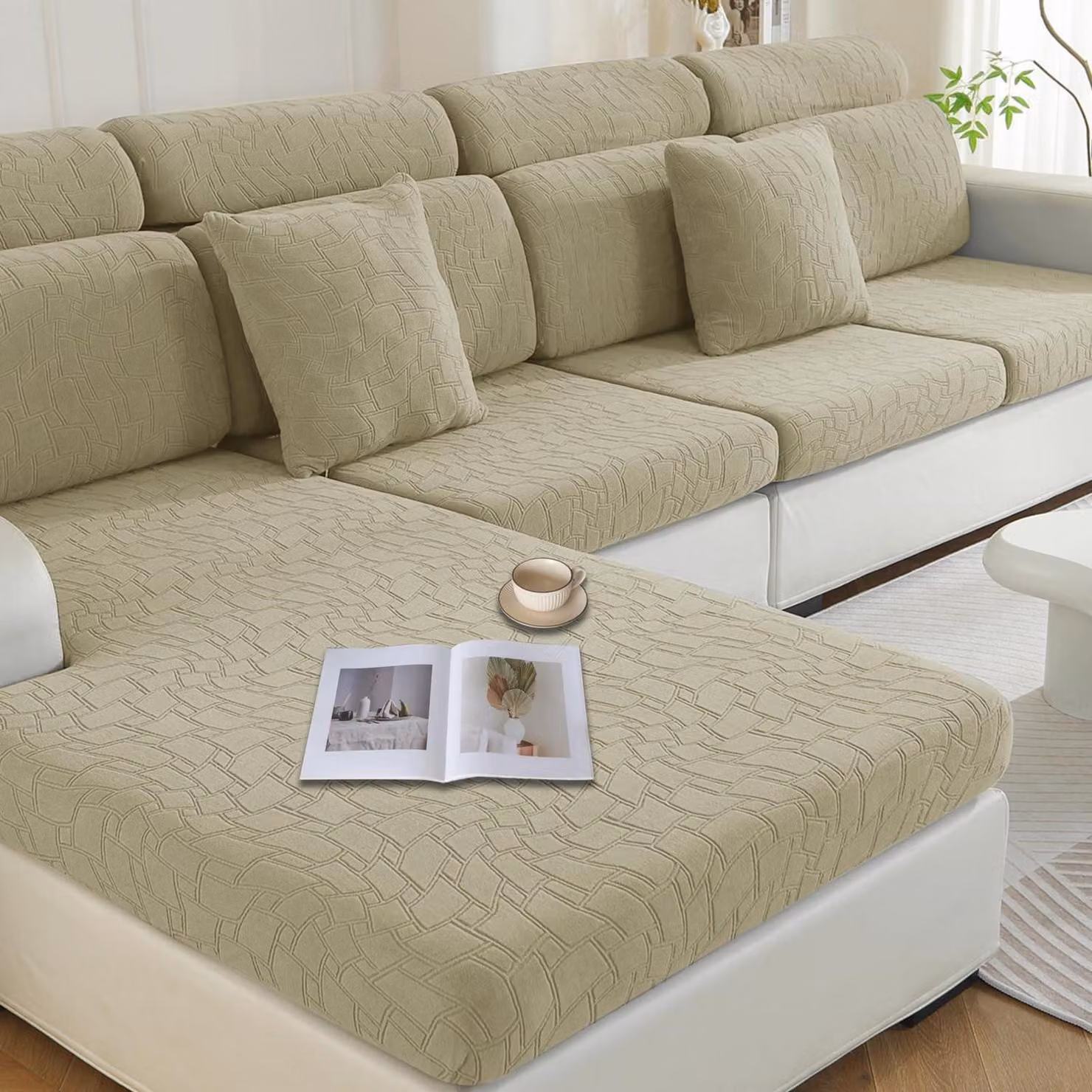 Copertura per cuscino da seduta, elasticizzata, color kaki, per chaise longue, motivo geometrico, lavabile