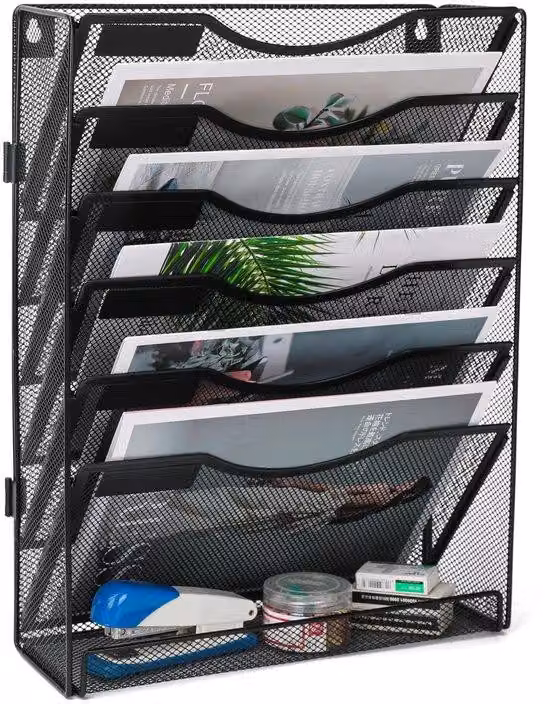 Organizer metallico in formato A4, 7 scomparti, supporto da parete, porta documenti, espositore per opuscoli, nero
