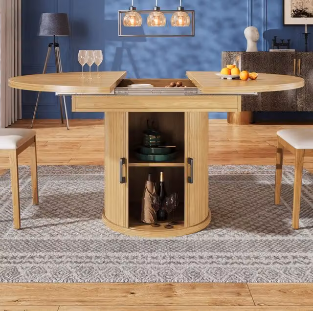 Tavolo da pranzo allungabile ULEVR 118-158x118 cm con vano contenitore a 2 livelli, MDF finitura noce naturale