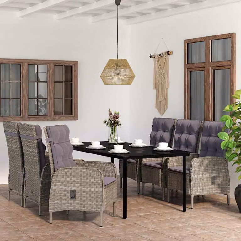 Set da pranzo da giardino vidaXL in polyrattan con tavolo in vetro e 7 pezzi, Grigio e Nero