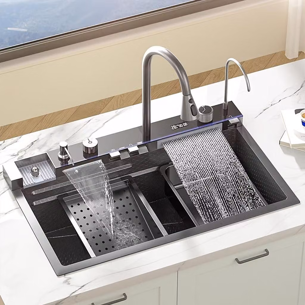 Set di accessori per lavello - Set per cucina - Lavello - Lavello da incasso - Lavello per cucina - Rubinetto digitale a cascata - Scarico rettangolare