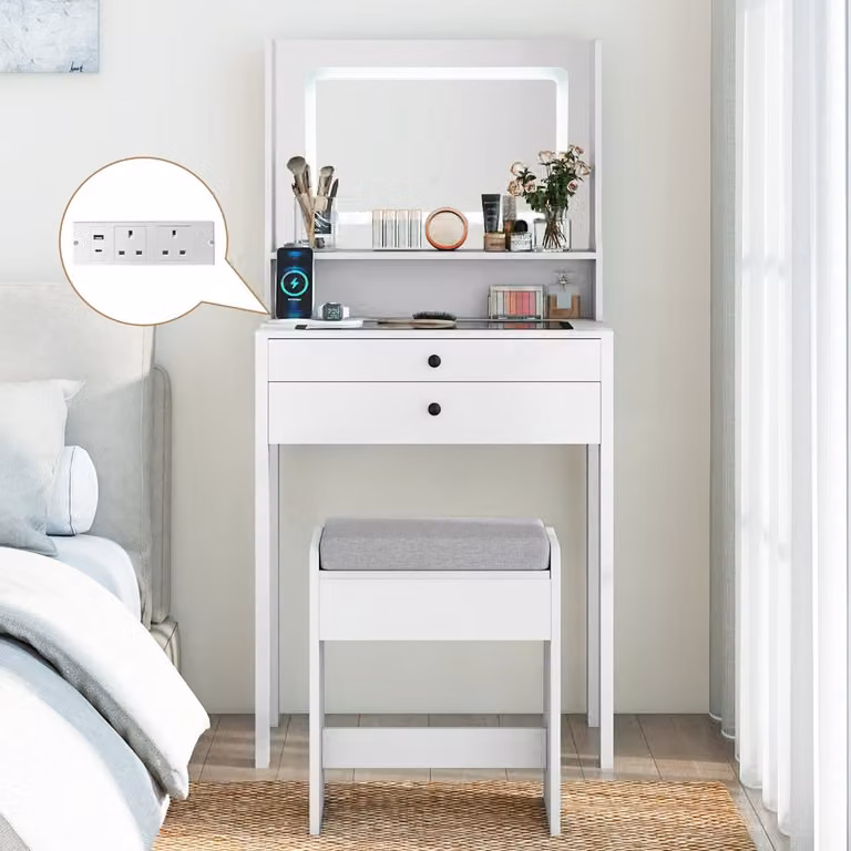 Costway Piccolo tavolo da trucco moderno con specchio Hollywood LED a 3 modalità di illuminazione e sgabello imbottito, Bianco