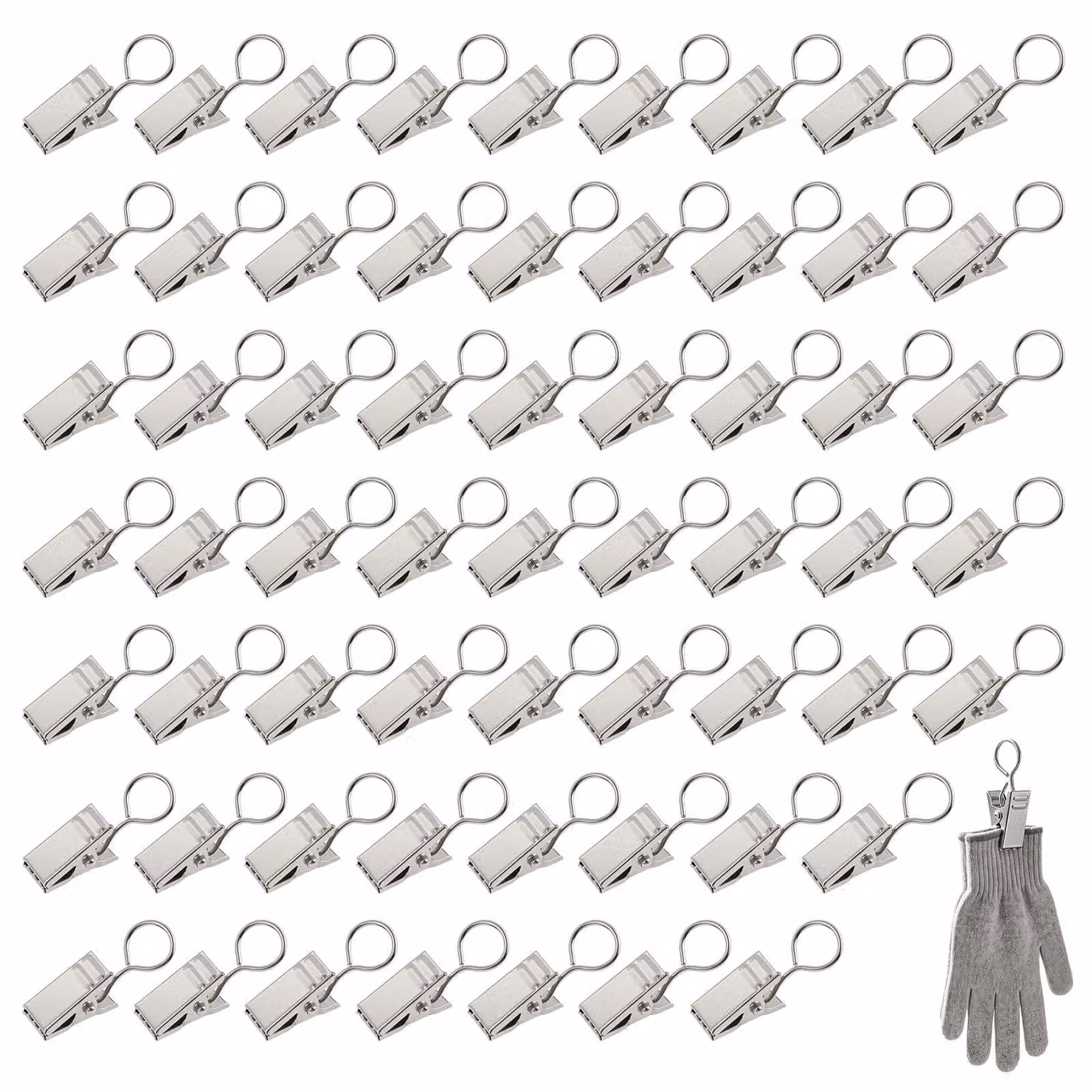 Ganci per tende, 60 pezzi, acciaio inossidabile, antiruggine, color argento