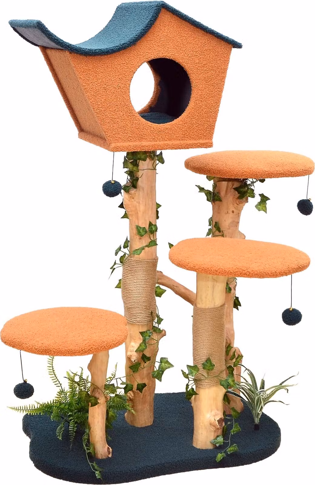 Tiragraffi Fudajo con decorazione vegetale 135 cm, tiragraffi per gatti con pelliccia di orsetto e legno di pero, casetta per gatti con palline da gioco, mobili per gatti con piattaforme