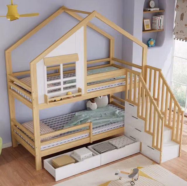 Letto a castello per bambini 90x200 cm con cassetti; scala con corrimano; bianco e naturale