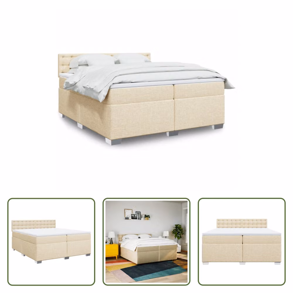 The Living Store Letto a molle con materasso crema 200x200 cm in tessuto