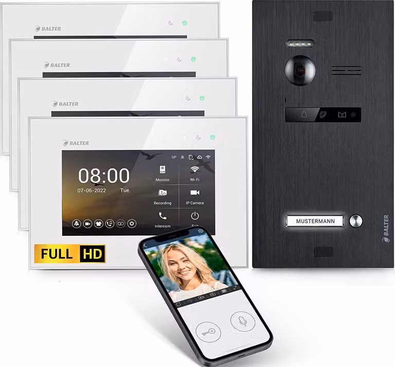 Videocitofono HD con app per smartphone per abitazioni monofamiliari, 4x monitor, Balter EVO HD WLAN nero