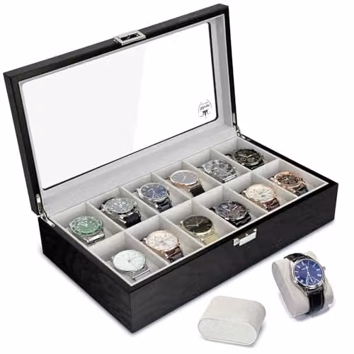 Slege Porta orologi in Legnoa 12 Posti,Scatola per in Legno,Elegante Porta orologi uomo,Vetrina in Vetro orologi per 12 orologi,watch box per uomo regalo (Nero)