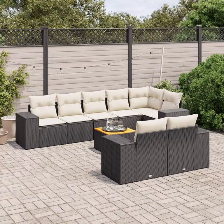 vidaXL Set Divani da Giardino 9 pz in Polyrattan Nero con Cuscini e Tavolino da Esterno