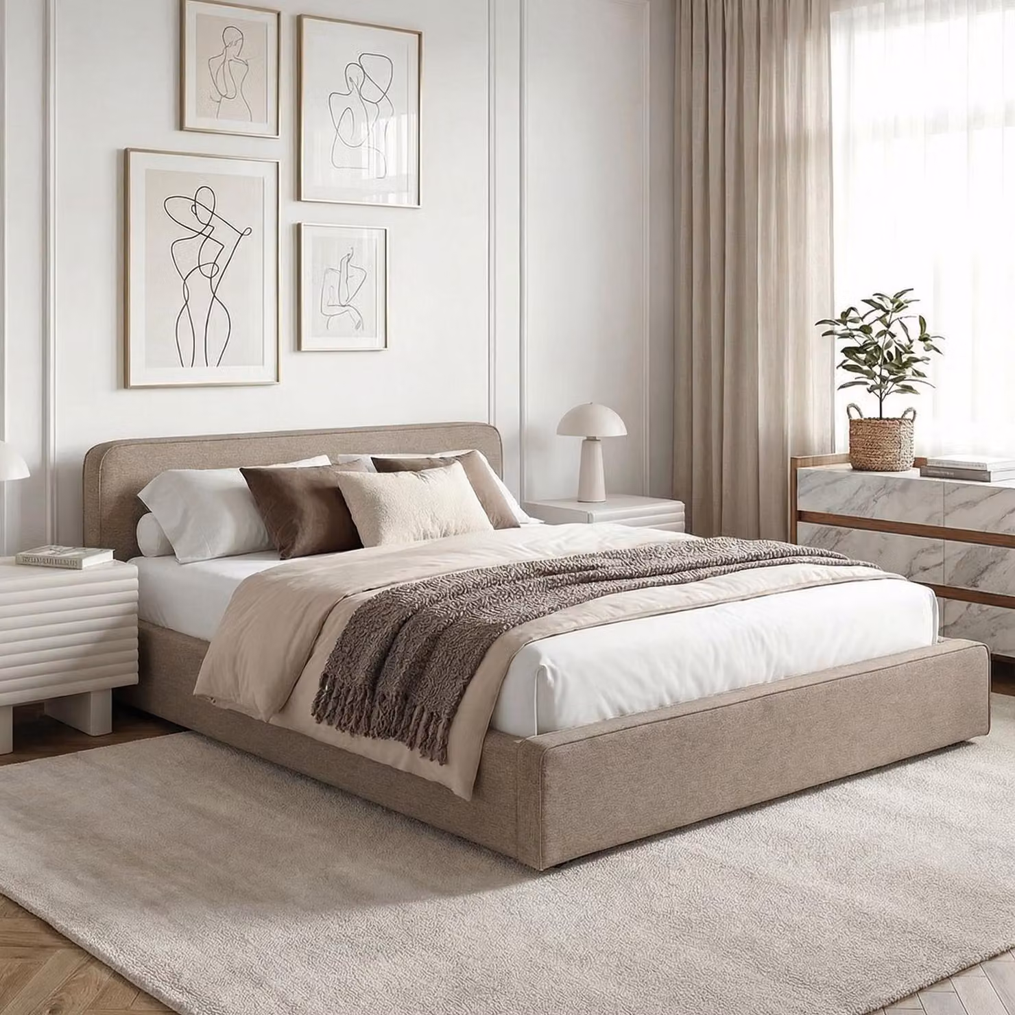 Letto imbottito MARINI, letto matrimoniale 140x200 cm in greige - Letto imbottito con rete a doghe, design moderno e solida struttura in legno con piedini in plastica