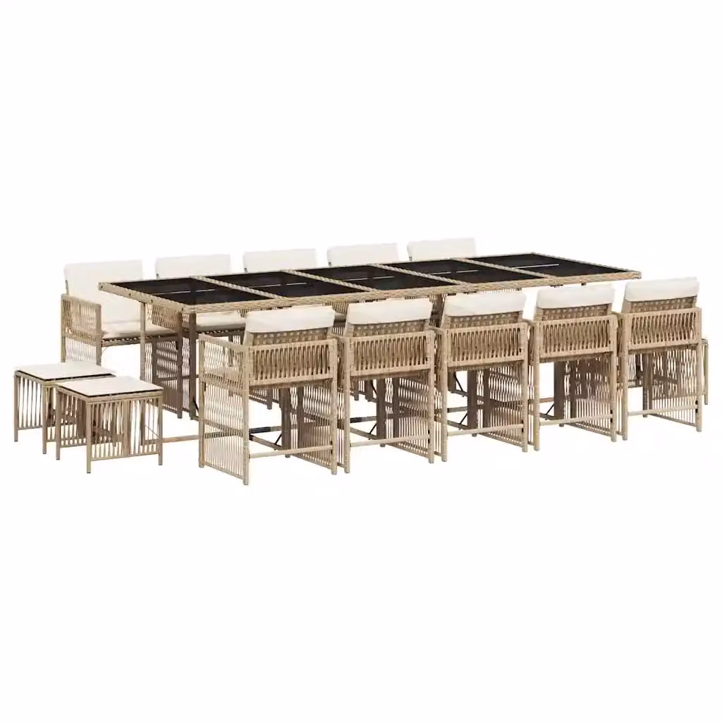 Set da Pranzo da Giardino vidaXL in Polyrattan con Cuscini Beige e Tavolo in Vetro, 15 Pezzi – 2