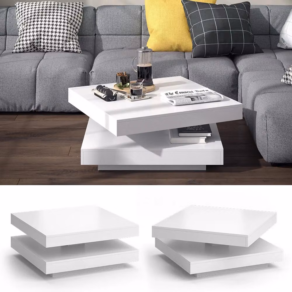 Tavolino da caffè Elias Vicco Bianco con piano rotante e meccanismo sollevabile L 70 x P 70 x H 34 cm – 2