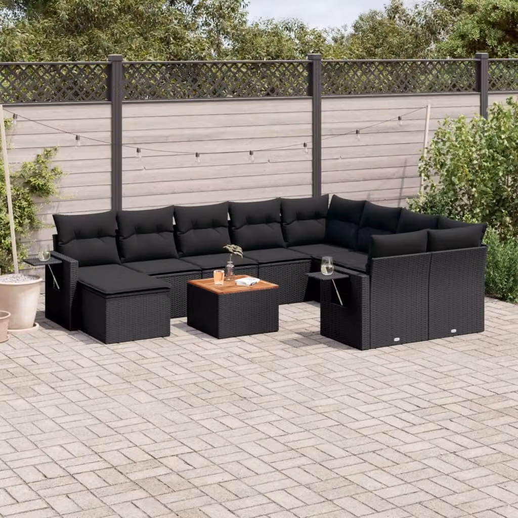 vidaXL Set Divani da Giardino a Forma di L 11 pz in Polyrattan Nero con Cuscini Imbottiti e Tavolino – 1