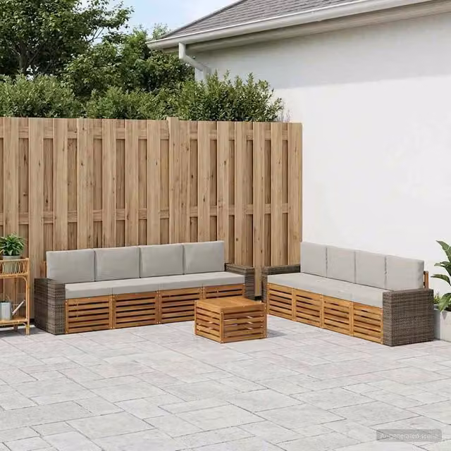 Set di divani da esterno a forma di U vidaXL in legno di acacia con cuscini beige e grigi e tavolino da caffè coordinato