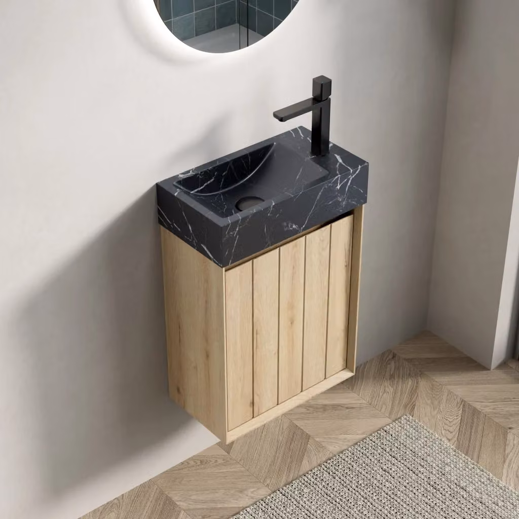 Mobile bagno d'angolo WISHDOR con lavabo in pietra, design minimalista, finitura nero e rovere bianco, con ante soft-close e illuminazione LED, sospeso – 2