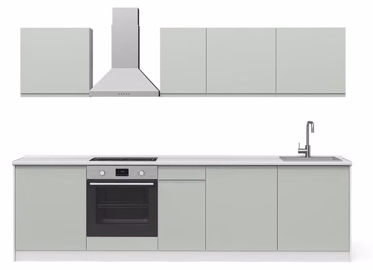Cucina componibile Vicco R-Line Verde pastello/Bianco 280 cm piano di lavoro Satin, Model 70589