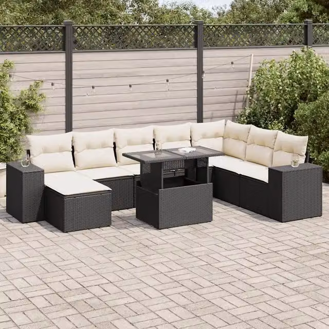 Set Divani da Giardino 9 pz con Cuscini Nero in Polyrattan 3326847