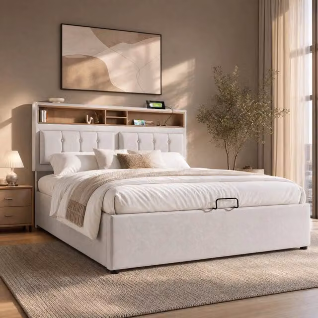 Letto contenitore 140 × 200 cm con testiera regolabile; ricarica USB Type-C; prese e rete a doghe in lino beige