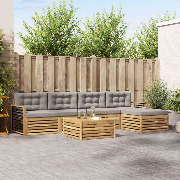 vidaXL Set di divani da esterno a L composto da 7 pezzi in legno di acacia con cuscini, tavolino e pouf, Bianco e Grigio Chiaro
