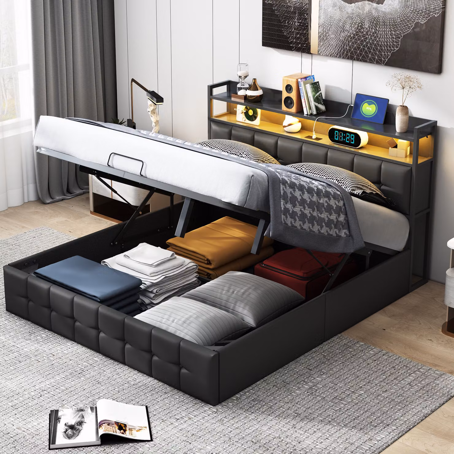 Letto imbottito ProximaX 140x200cm con USB e prese di corrente, letto per ragazzi letto matrimoniale con rete a doghe e contenitore, letto contenitore con LED, PU， nero