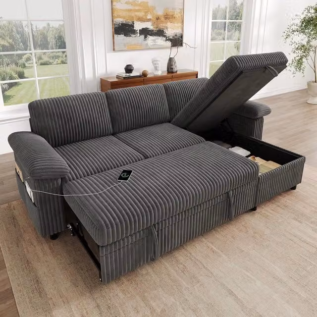 Divano letto angolare L estraibile con contenitore ¨C Minimal ¨C Grigio tessuto corda con porta USB