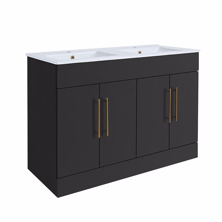 Mobile Bagno a Terra Grigio Nero da 1210mm con Doppio Lavabo e Maniglie con Barra a T in Rame Satinato - Cluo