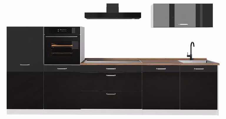 Cucina componibile Vicco R-Line Nero lucido/Bianco 340 cm piano di lavoro Rovere dorato, Model 66546