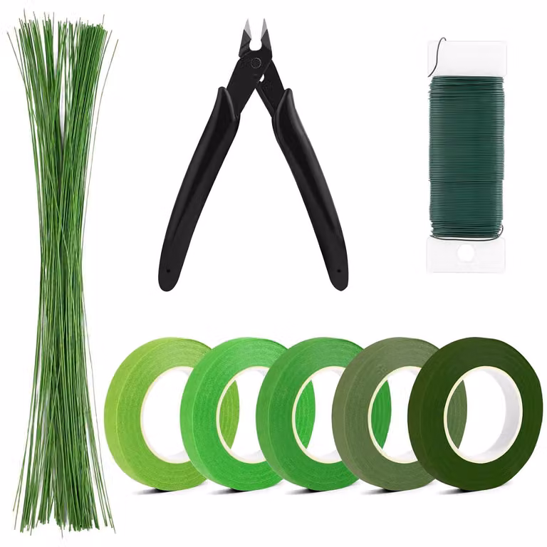 Set per composizioni floreali, composto da 4 strumenti, tra cui filo per fiori e forbici da fiorista, ideale per l'arte della fioristica