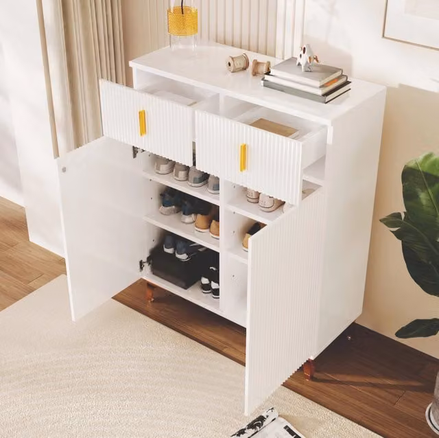 Credenza contenitore bianca – 2 cassetti, 2 ante, ripiani regolabili