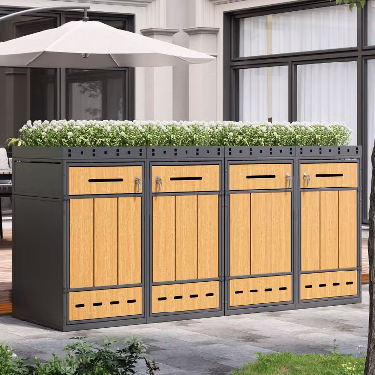 Box per bidoni della spazzatura Merax a 2 scomparti con tetto verde 120-240 L, rivestimento per bidoni della spazzatura in acciaio laminato a freddo, box per bidoni della spazzatura con sistema di raccolta differenziata diviso in due parti, effetto legno,
