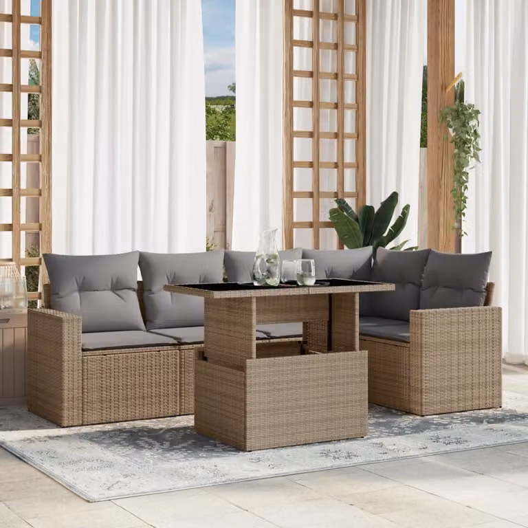 vidaXL Set Divano da Giardino 6 pz a L con Cuscini Beige e Tavolino, Struttura in Metallo e Polyrattan per Terrazza e Giardino