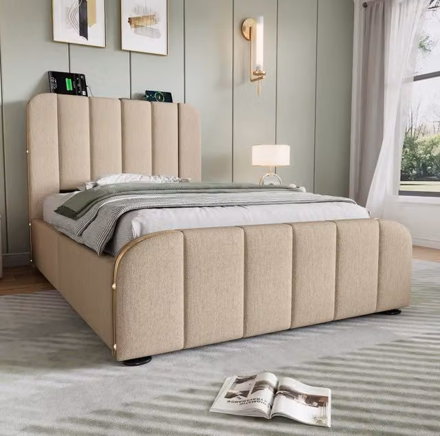 Letto 90x200 cm beige - contenitore idraulico, USB-C, con materasso