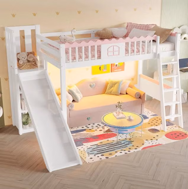 Letto a soppalco singolo in legno di pino bianco 90x200 cm con LED, scaffali e scivolo per bambini