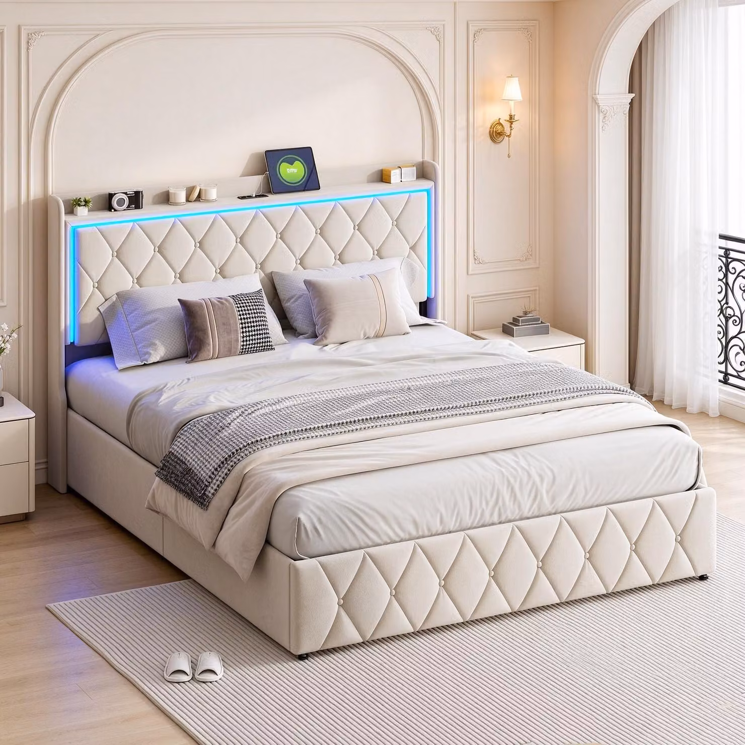 Letto imbottito INONEFT 160x200 cm con USB, struttura a molle con sistema di sollevamento idraulico, contenitore portaoggetti, rivestito in ecopelle, letto matrimoniale con rete a doghe, tessuto velluto, colore beige