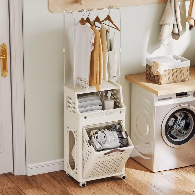 Cesto portabiancheria con ruote e ganci Costway in plastica e acciaio inossidabile, Beige